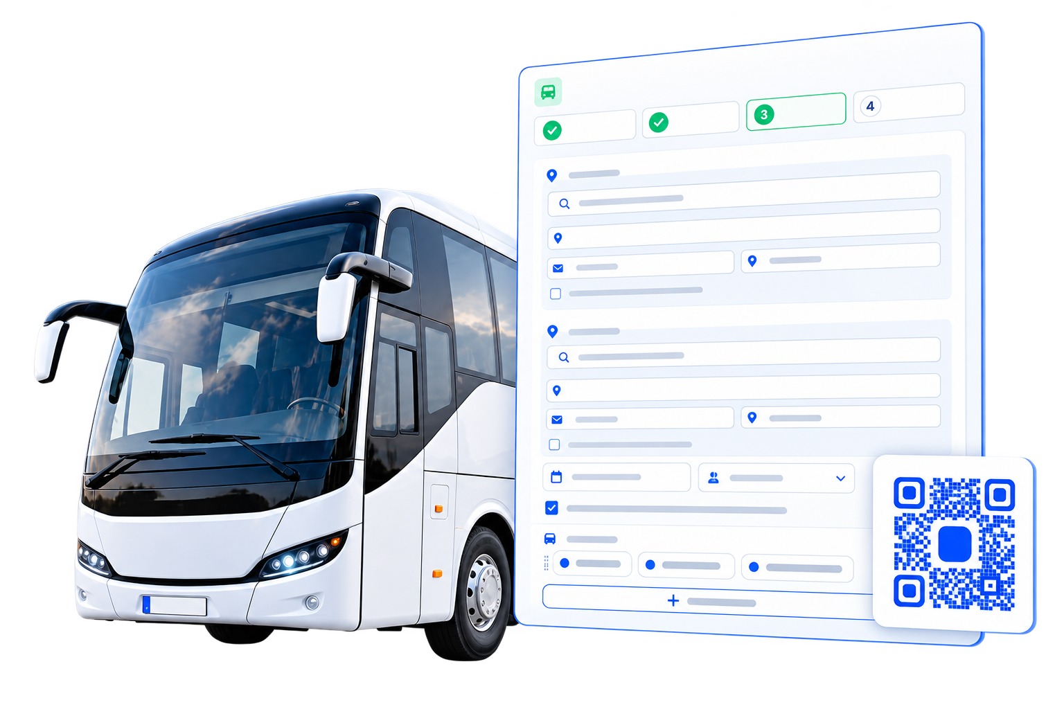 Autobús con formulario DeCA de viajeros y código QR en composición visual con fondo transparente