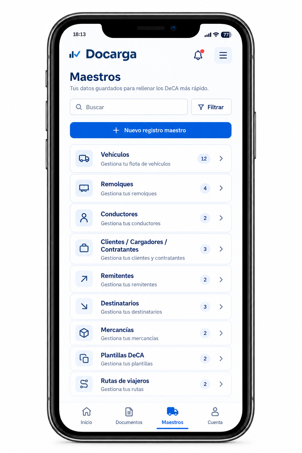 Gestión de maestros en Plataforma DeCA Docarga desde el móvil