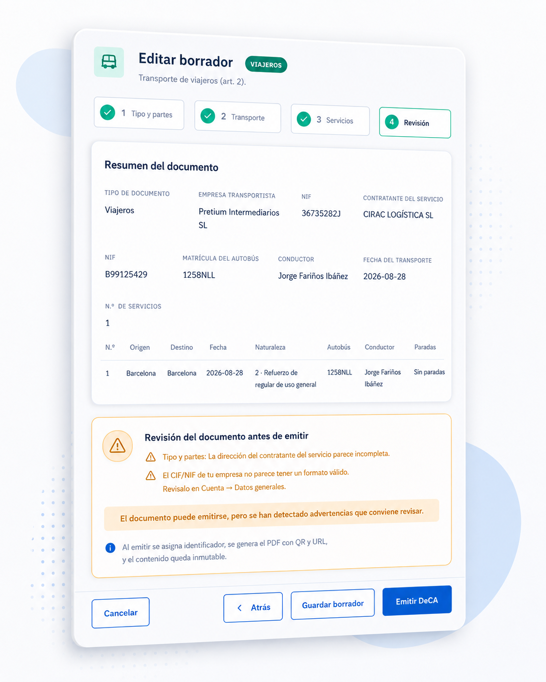Vista estilizada del panel de revisión de un DeCA de viajeros, con resumen del documento, avisos detectados y acciones para guardar borrador o emitir.