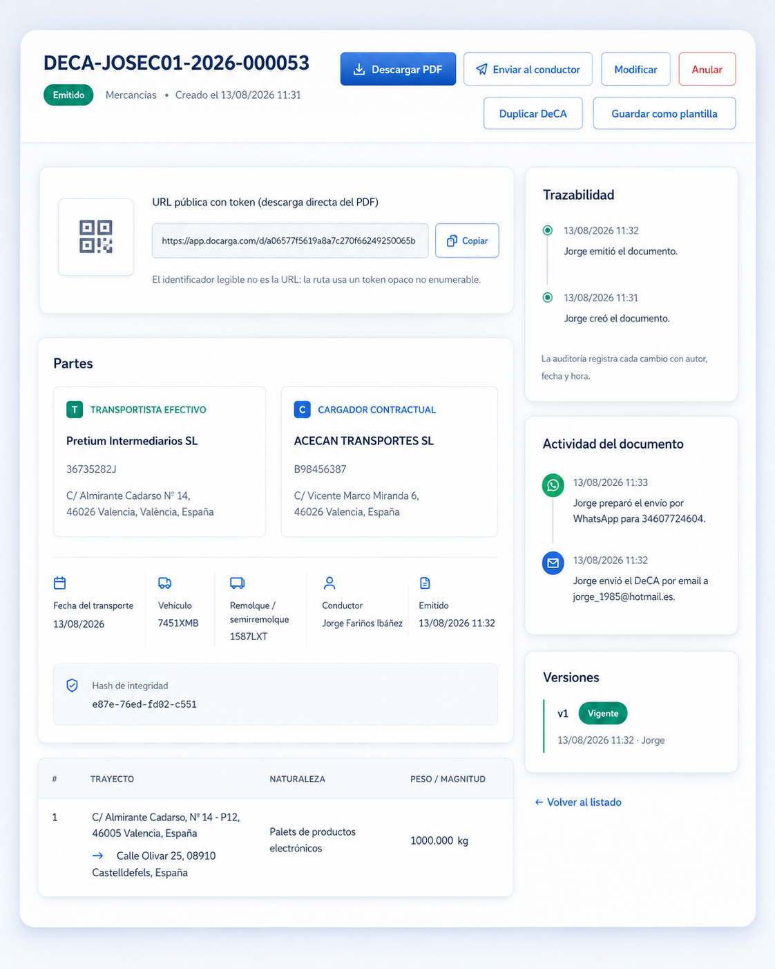 Plataforma DeCA con trazabilidad, código QR, actividad y versiones del documento de control digital